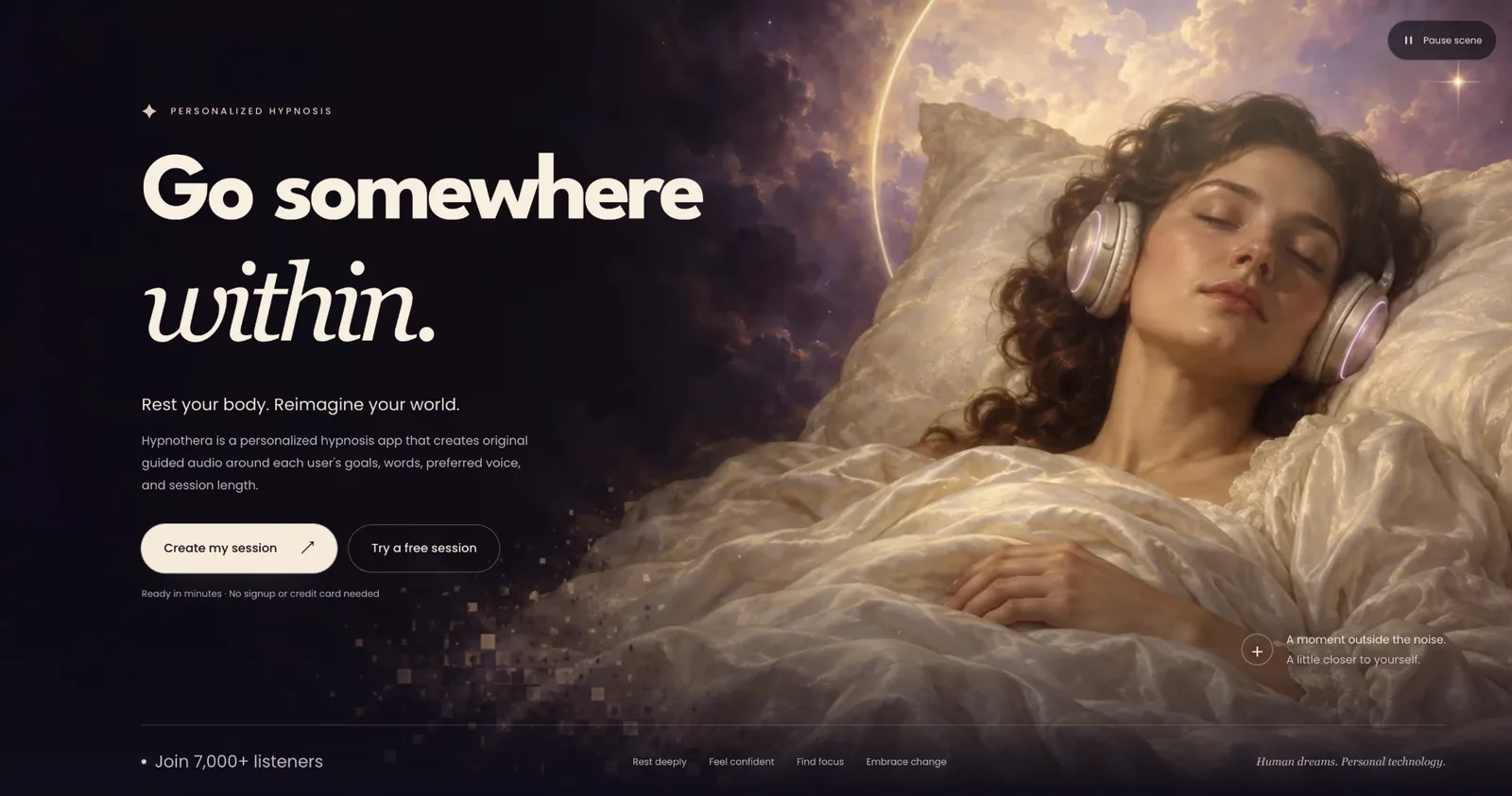 Hypnothera homepage: personalized hypnosis audio built around your goals, words, voice, and session length